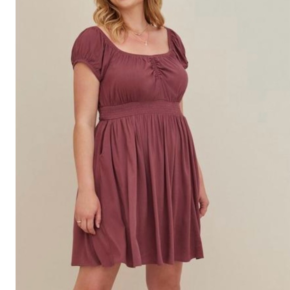 Torrid Burgundy Woven Gauze Puff Sleeve Smocked Waist Pockets Dress 4X